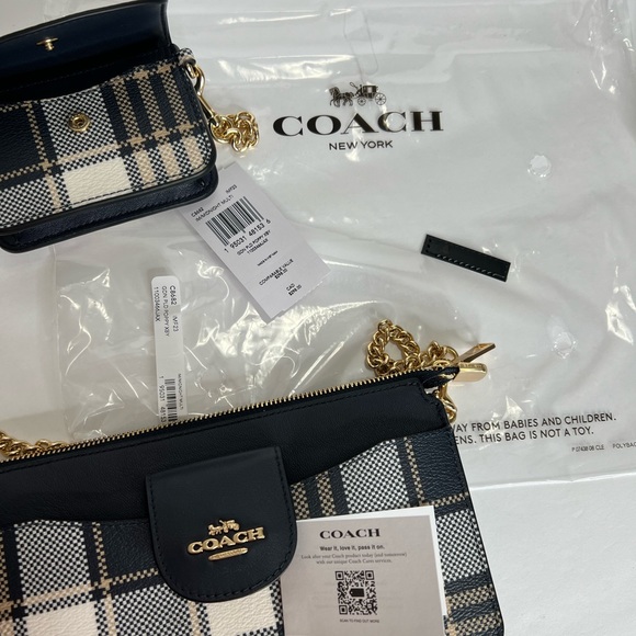 Coach Womens Crossbody Bag With Pouch Coin Bag Chain Strap Poppy Plaid Leather - Picture 14 of 15